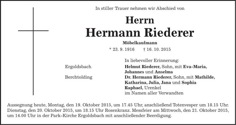 Traueranzeige Hermann Riederer