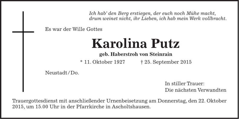 Traueranzeige Carolina Putz