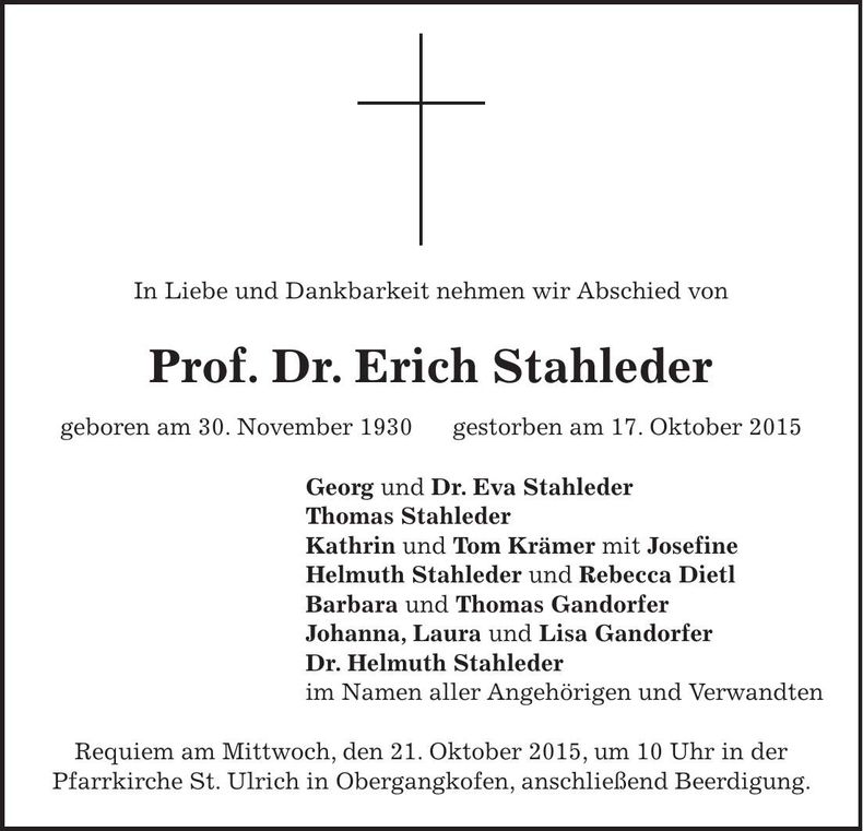 Traueranzeige Erich Stahleder