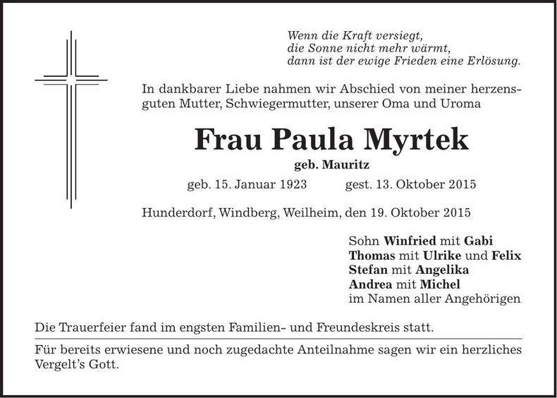 Traueranzeige Paula Myrtek