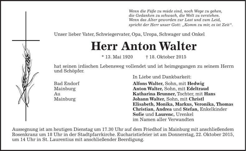 Traueranzeige Anton Walter