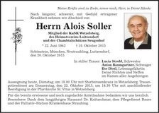 Traueranzeige Alois Soller