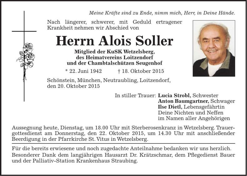 Traueranzeige Alois Soller