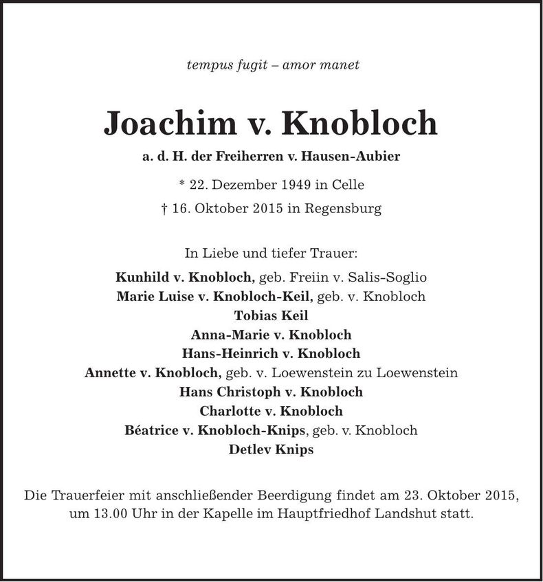 Traueranzeige Joachim von Knobloch
