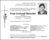 Traueranzeige Gertraud Hirtreiter