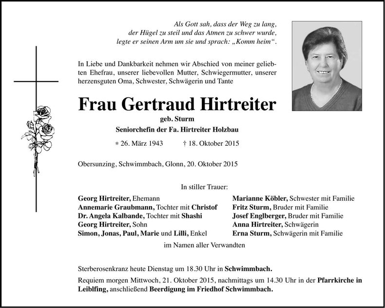 Traueranzeige Gertraud Hirtreiter