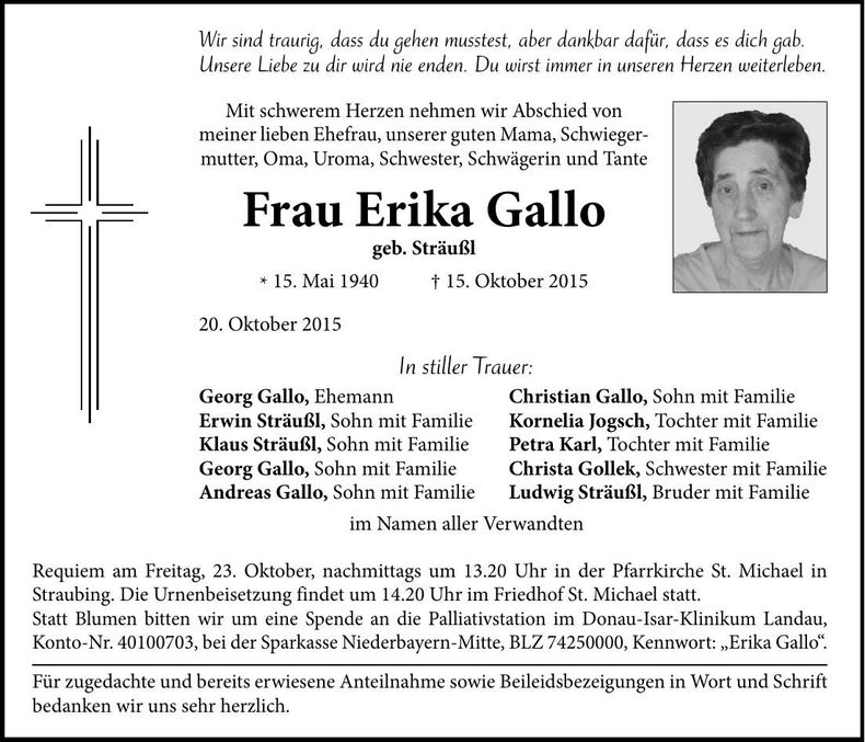 Traueranzeige Erika Gallo