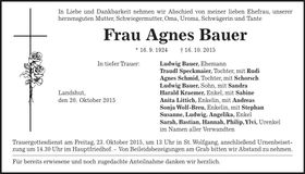 Traueranzeige Agnes Bauer