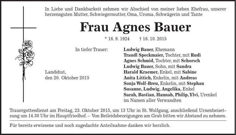 Traueranzeige Agnes Bauer