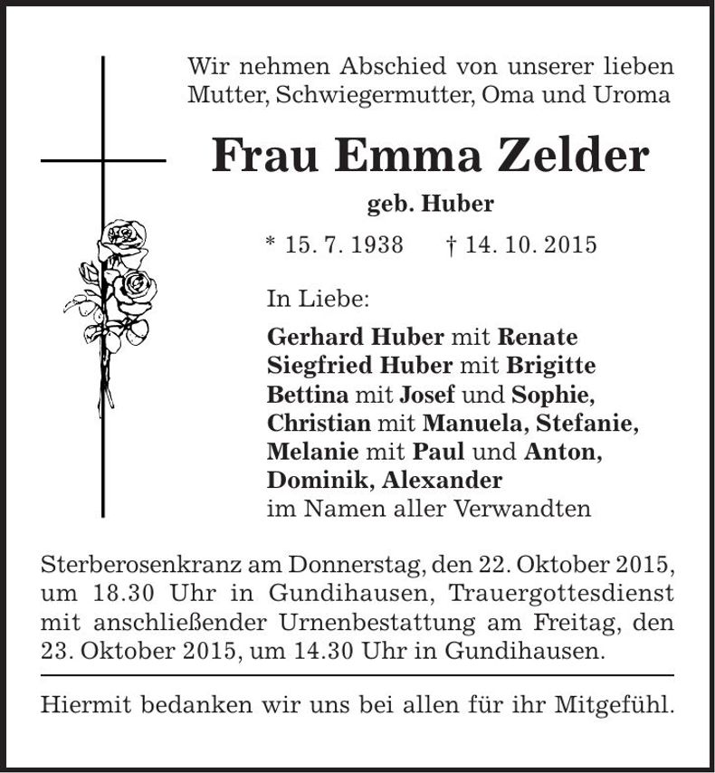 Traueranzeige Emma Zelder
