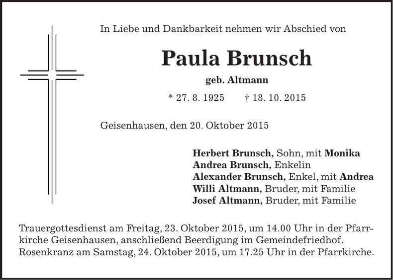 Traueranzeige Paula Brunsch