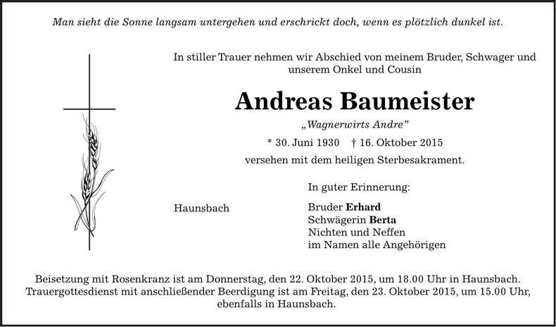Traueranzeige Andreas Baumeister