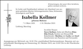 Traueranzeige Isabella Kollmer
