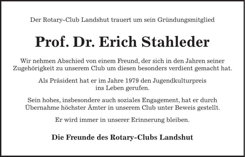 Traueranzeige Erich Stahleder