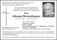 Traueranzeige Johanna Westenthanner