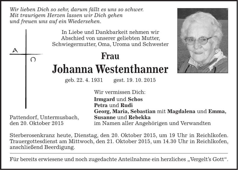 Traueranzeige Johanna Westenthanner