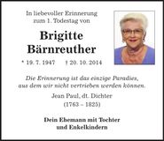 Traueranzeige Brigitte Bärnreuther