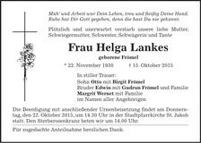 Traueranzeige Helga Lankes