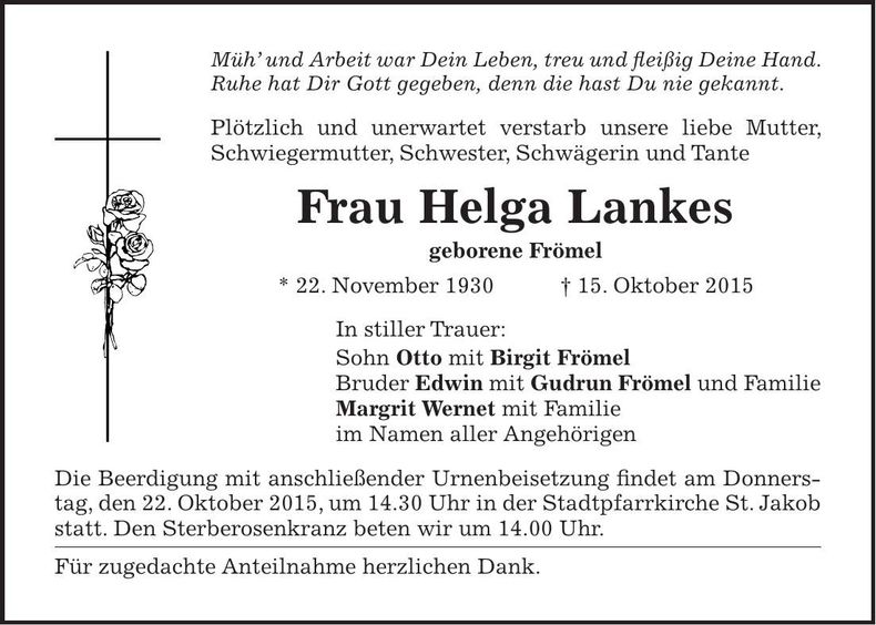 Traueranzeige Helga Lankes