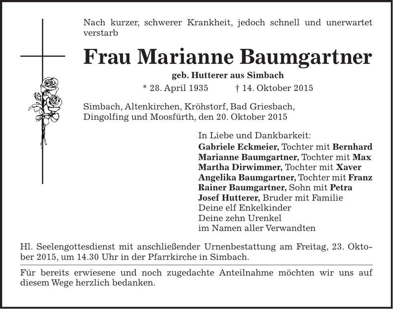 Traueranzeige Marianne Baumgartner