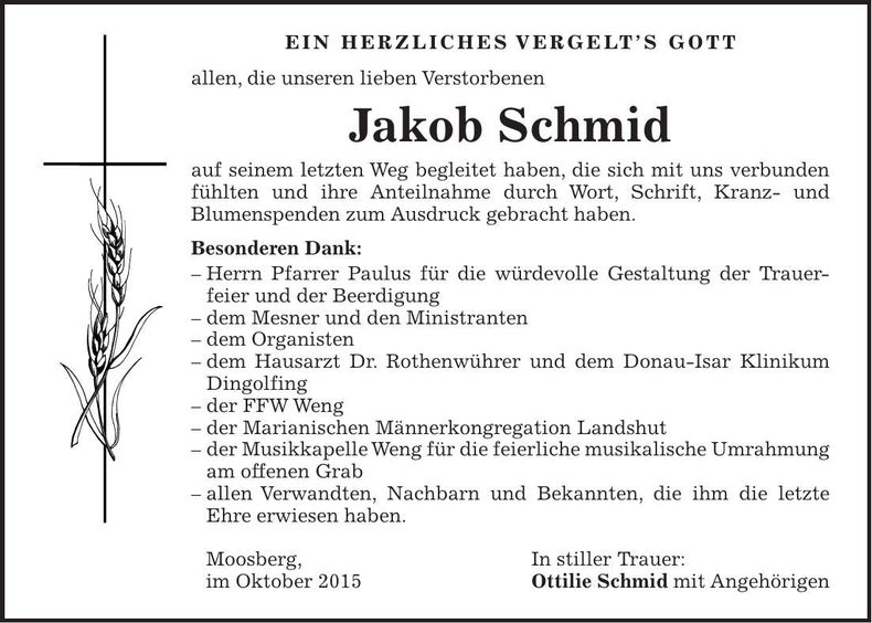 Traueranzeige Jakob Schmid