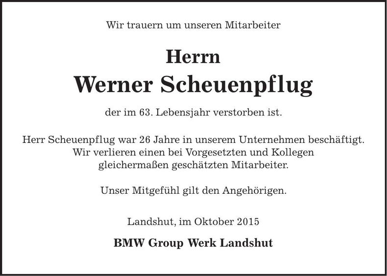 Traueranzeige Werner Scheuenpflug
