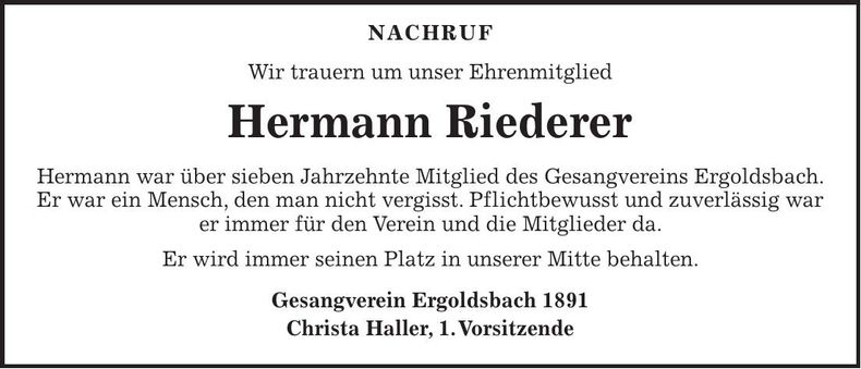 Traueranzeige Hermann Riederer