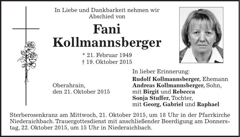 Traueranzeige Fani Kollmannsberger