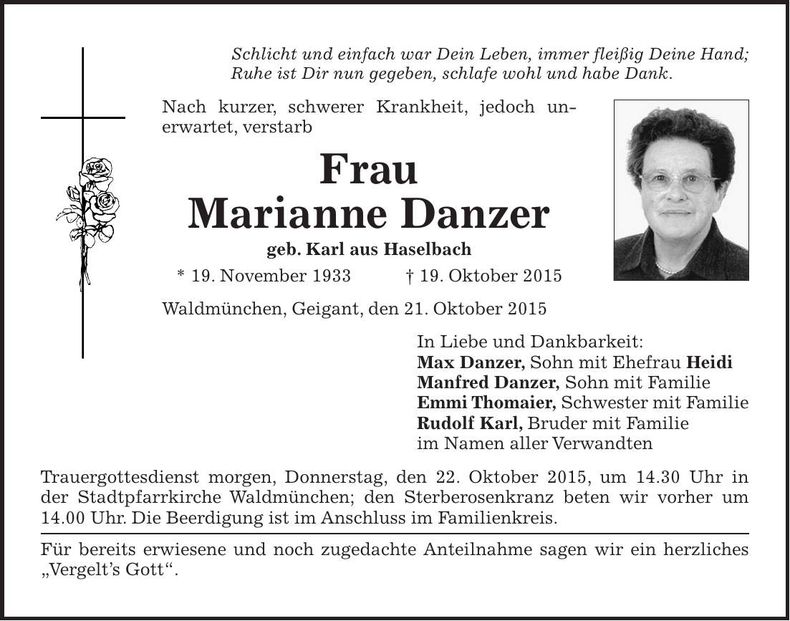 Traueranzeige Marianne Danzer