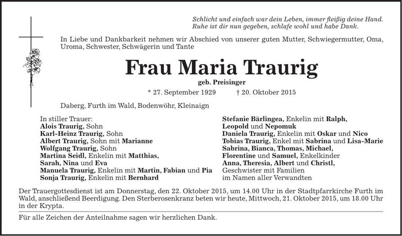 Traueranzeige Maria Traurig