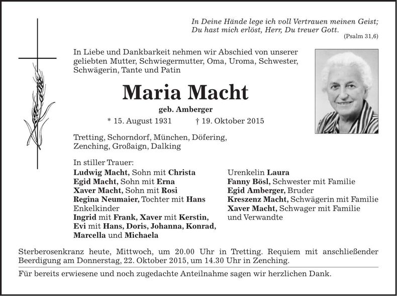 Traueranzeige Maria Macht