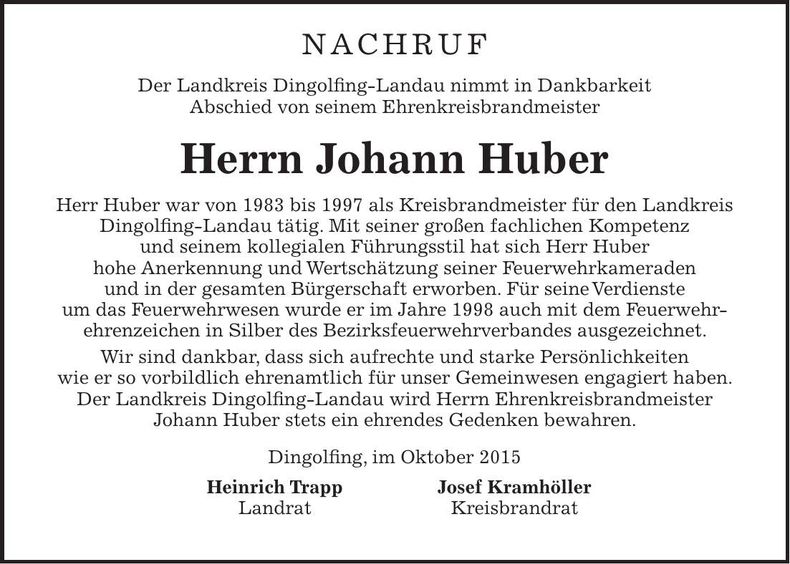 Traueranzeige Johann Huber