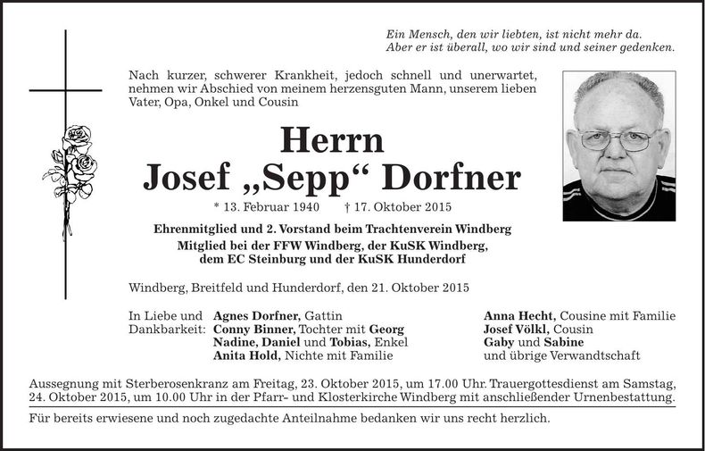 Traueranzeige Josef "Sepp" Dorfner
