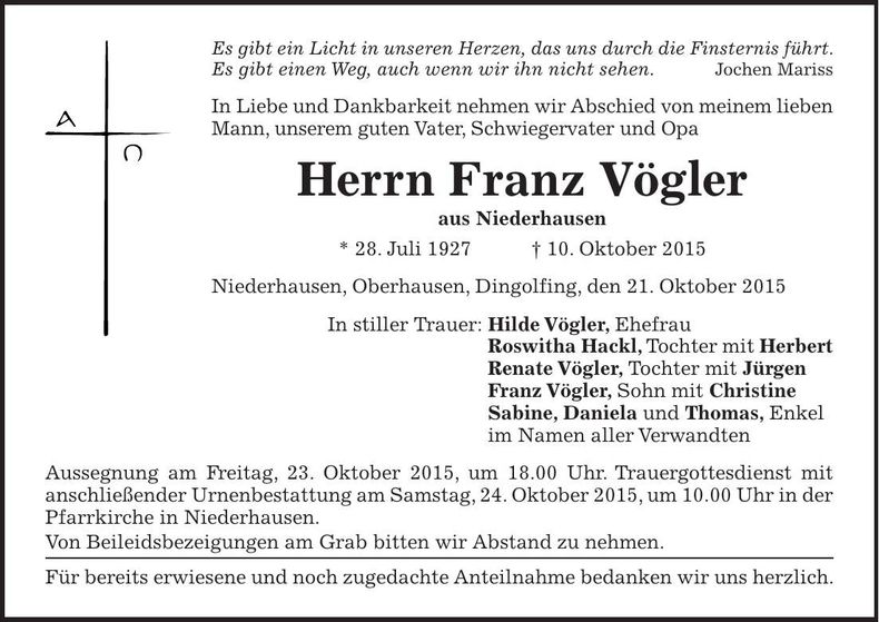 Traueranzeige Franz Vögler