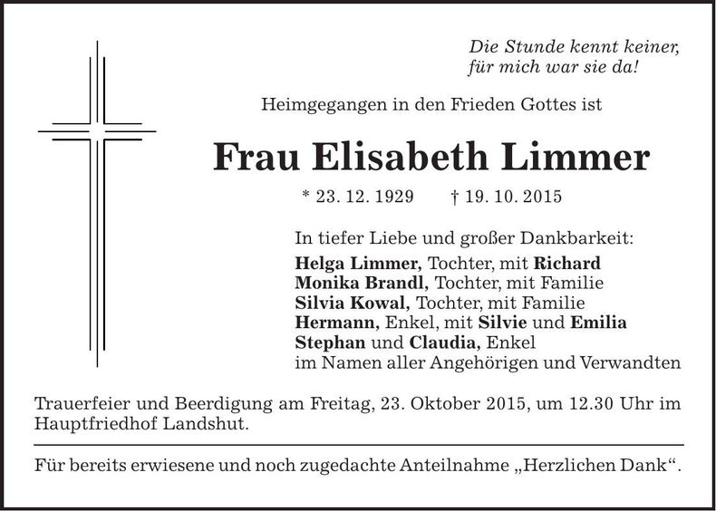 Traueranzeige Elisabeth Limmer