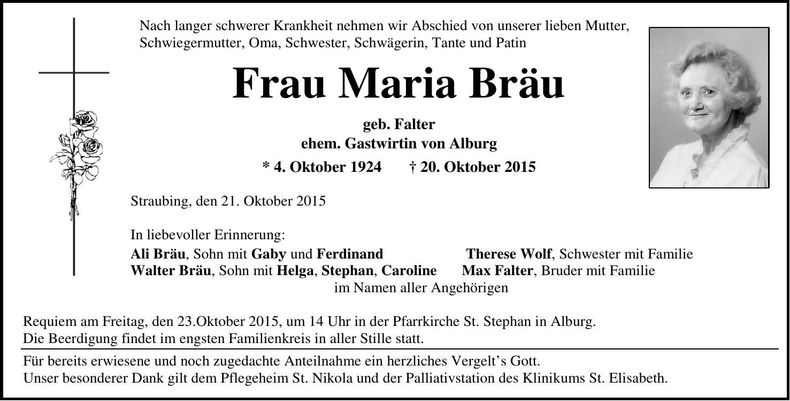 Traueranzeige Maria Bräu