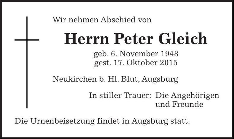 Traueranzeige Peter Gleich