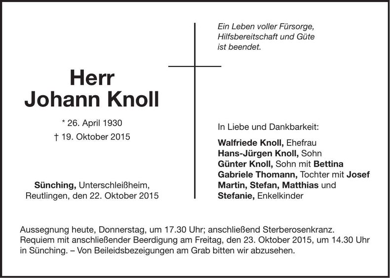 Traueranzeige Johann Knoll