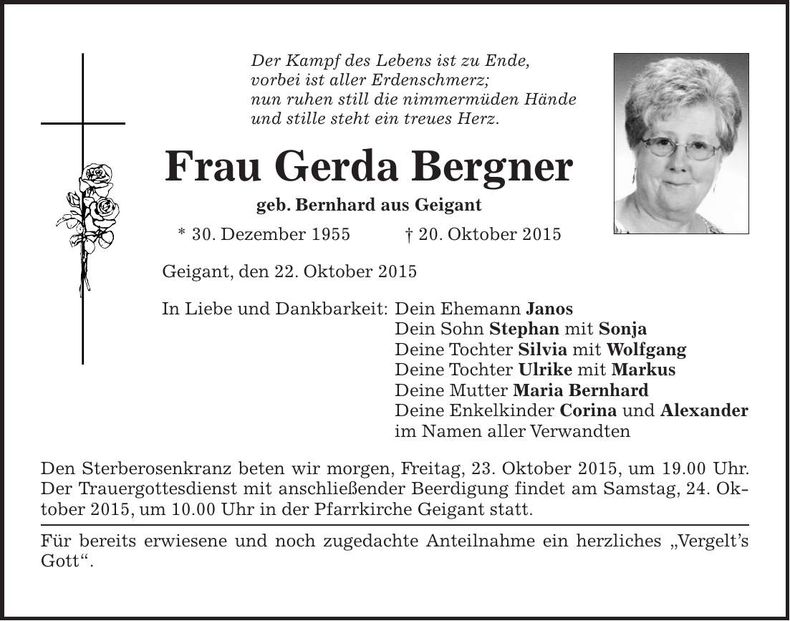 Traueranzeige Gerda Bergner