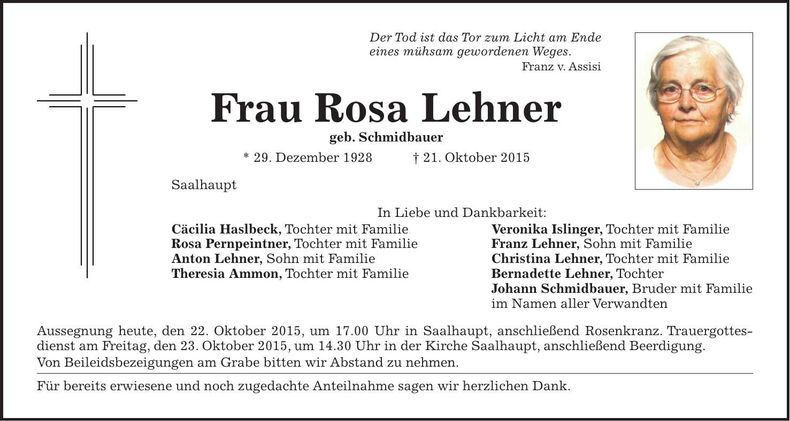 Traueranzeige Rosa Lehner