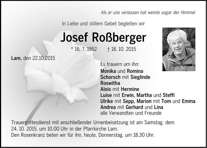 Traueranzeige Josef Roßberger