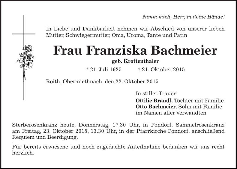 Traueranzeige Franziska Bachmeier