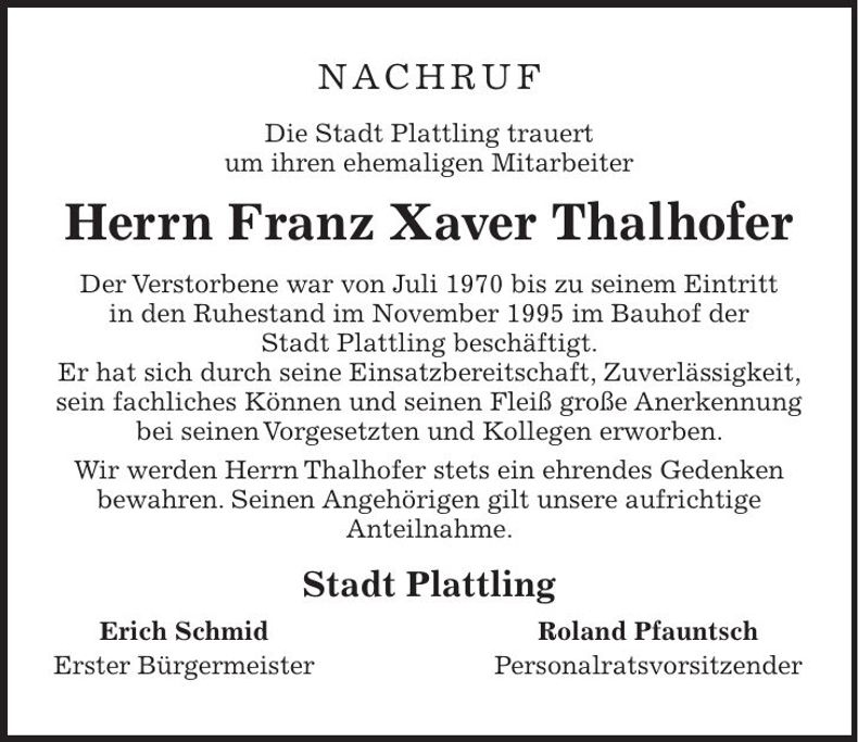 Traueranzeige Franz Xaver Thalhofer