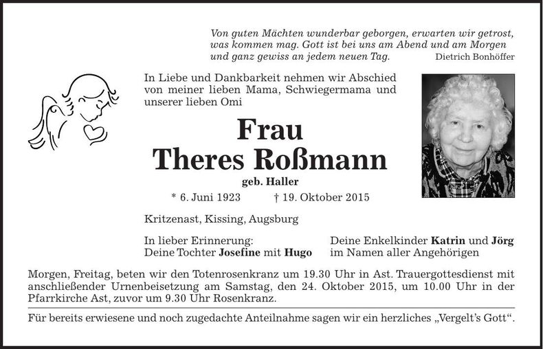 Traueranzeige Theres Roßmann
