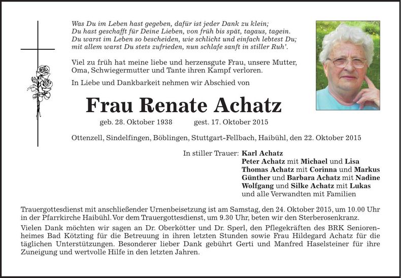 Traueranzeige Renate Achatz