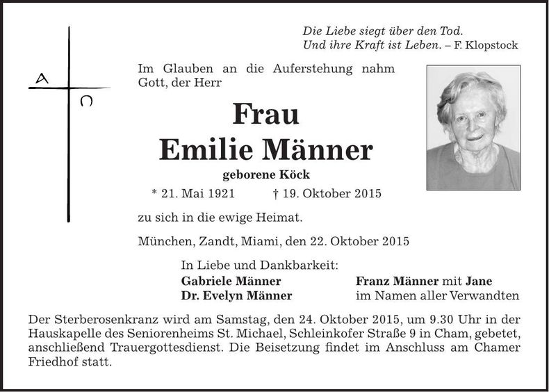 Traueranzeige Emilie Männer