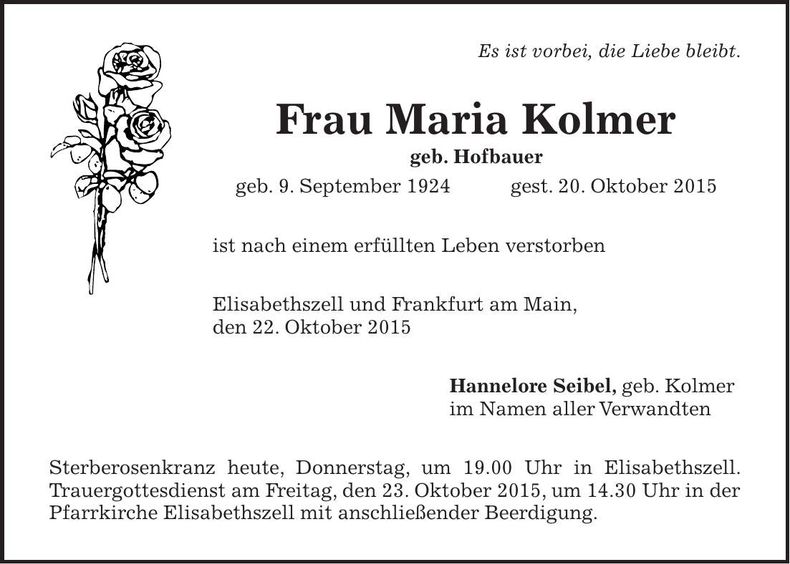Traueranzeige Elisabeth Kolmer