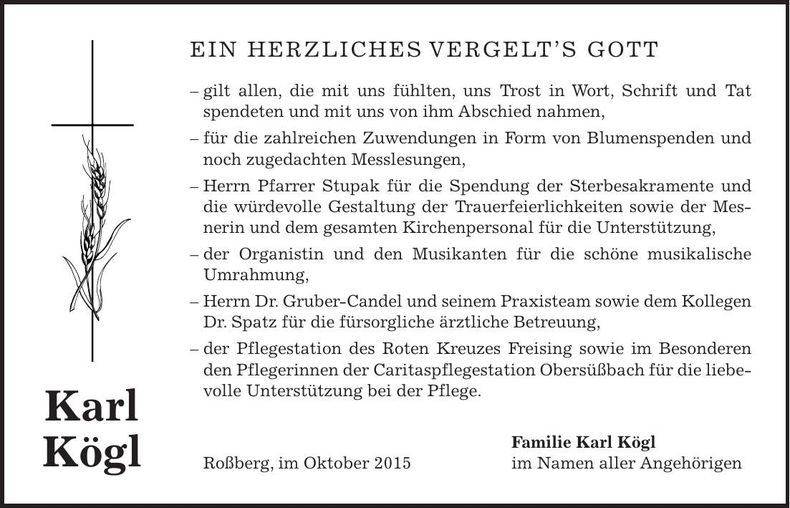 Traueranzeige Karl Kögl