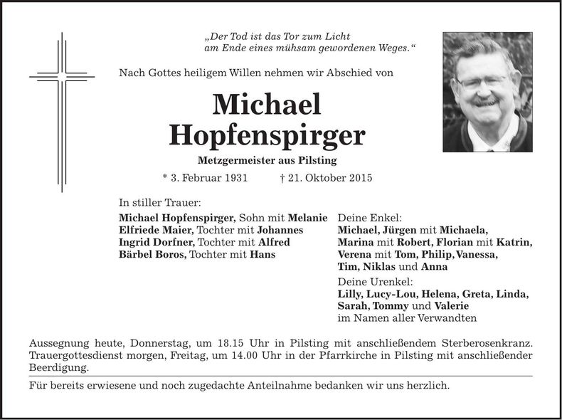 Traueranzeige Michael Hopfenspirger