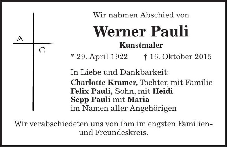 Traueranzeige Werner Pauli